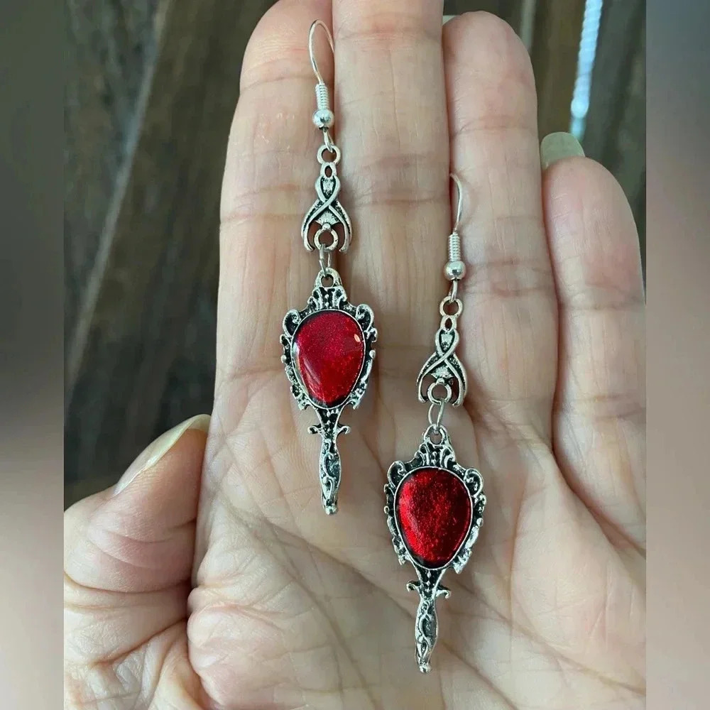 3 for $25/ Silver Red Fantasy Fairytale Hand Mirror Drop Earrings NWT